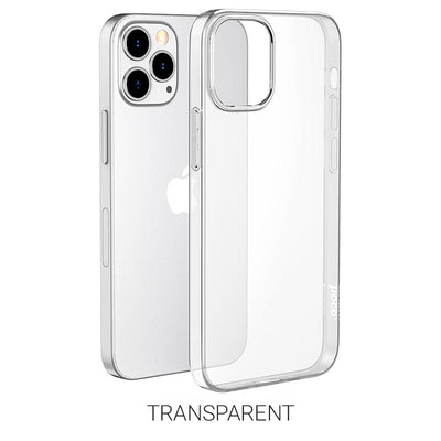 Permatomas telefono dėklas ir sidabrinis telefonas su trimis kameromis, baltame fone.