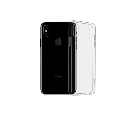 Juodas telefonas ir skaidrus dėklas, matomas iš galo, baltame fone.
