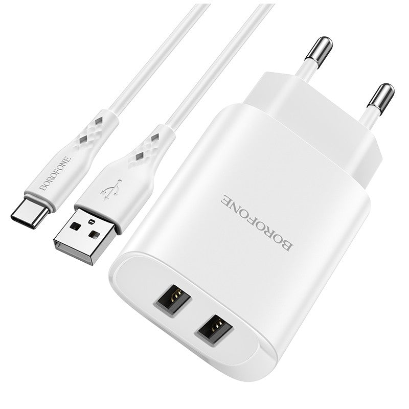 Įkroviklis Borofone BN2 2xUSB 2.1A + USB Type-C, baltas