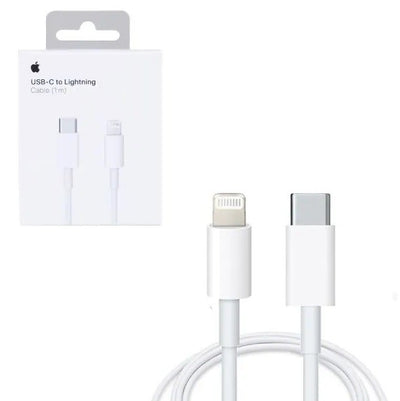 Baltas USB-C į Lightning laidas su dėžute, kurioje pavaizduoti abu kištukai.
