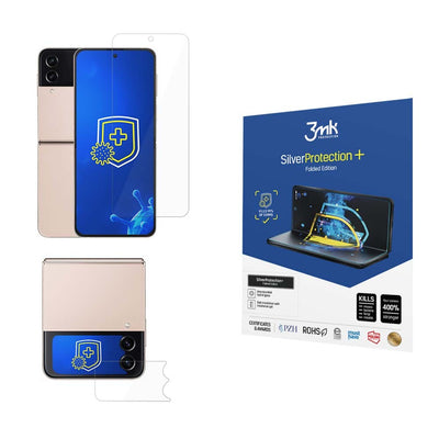 Auksinės spalvos telefonas su mėlynu ekranu ir apsauginiu stiklu šalia pakuotės dėžutės.