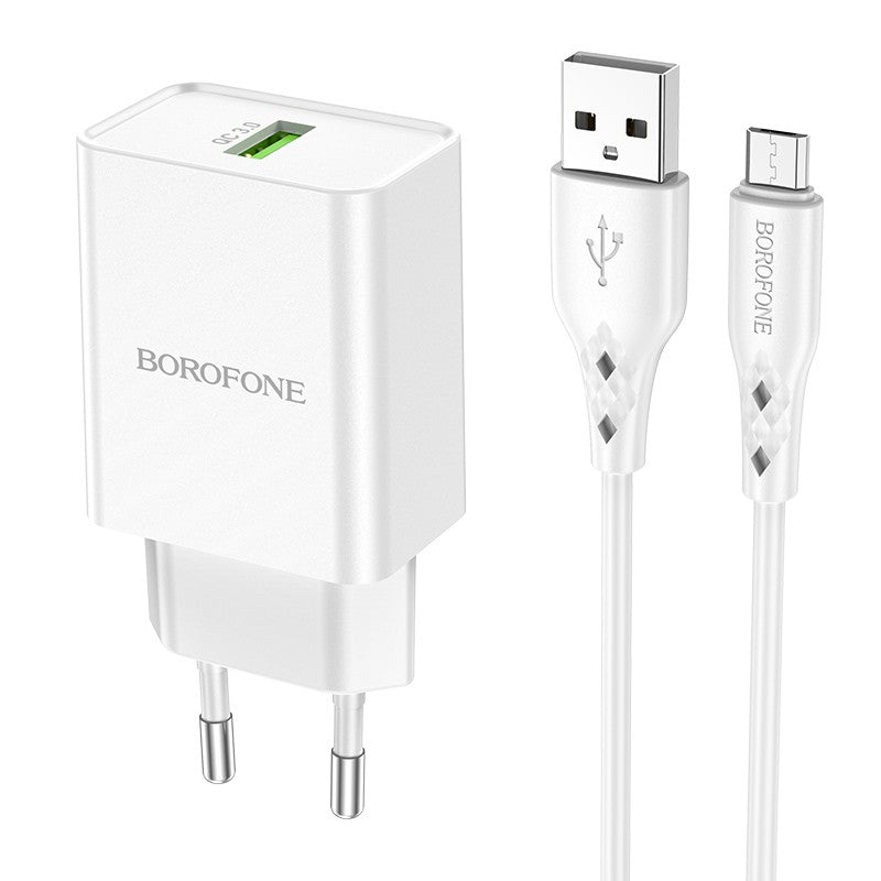 Įkroviklis Borofone BN5 QC 3.0 18W + microUSB, baltas