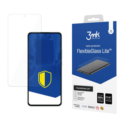 Telefono ekrano apsauga ir mėlyna pakuotė su geltonu skydo logotipu.