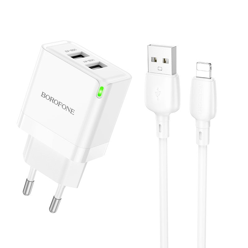 Įkroviklis Borofone BN15 2xUSB-A + USB-A to Lightning cable 1.0m baltas