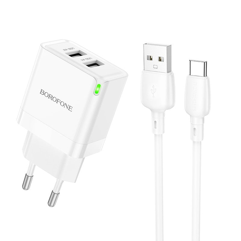 Įkroviklis Borofone BN15 2xUSB-A + USB-A to USB-C cable 1.0m baltas