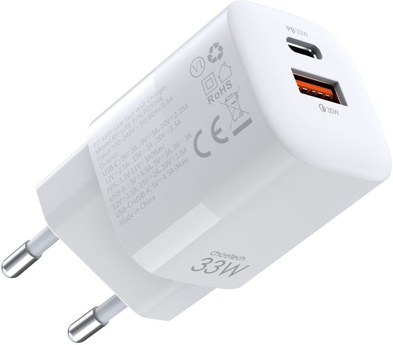 Įkroviklis Choetech PD5006 USB-C/USB-A 33W baltas