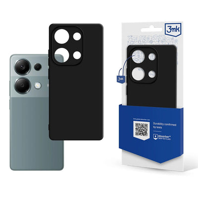 Pilkas telefonas, juodas dėklas su kameros išpjovom, ir mėlyna pakuotė su QR kodu.