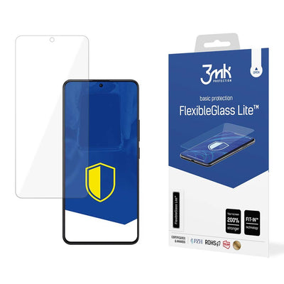 Telefonas su apsauginiu stiklu ir mėlyna pakuotė „FlexibleGlass Lite“.