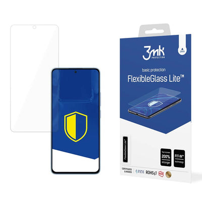 Telefonas su mėlynu ekranu ir geltonu skydu šalia pakuotės „FlexibleGlass Lite“ dėžutės.