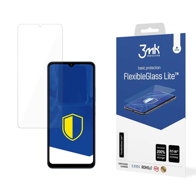 Išmanusis telefonas su apsaugine plėvele ir mėlynai balta pakuotė „FlexibleGlass Lite“.