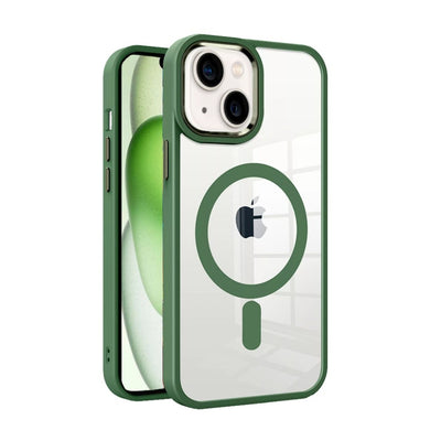 Žalias telefono dėklas su permatoma nugarėle, per kurią matomos kameros ir obuolio logotipas.