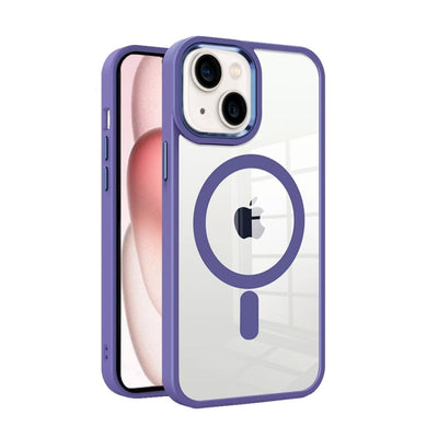 Skaidrus telefono dėklas su violetiniu kraštu, balta nugara ir dideliu apskritimu aplink logotipą.