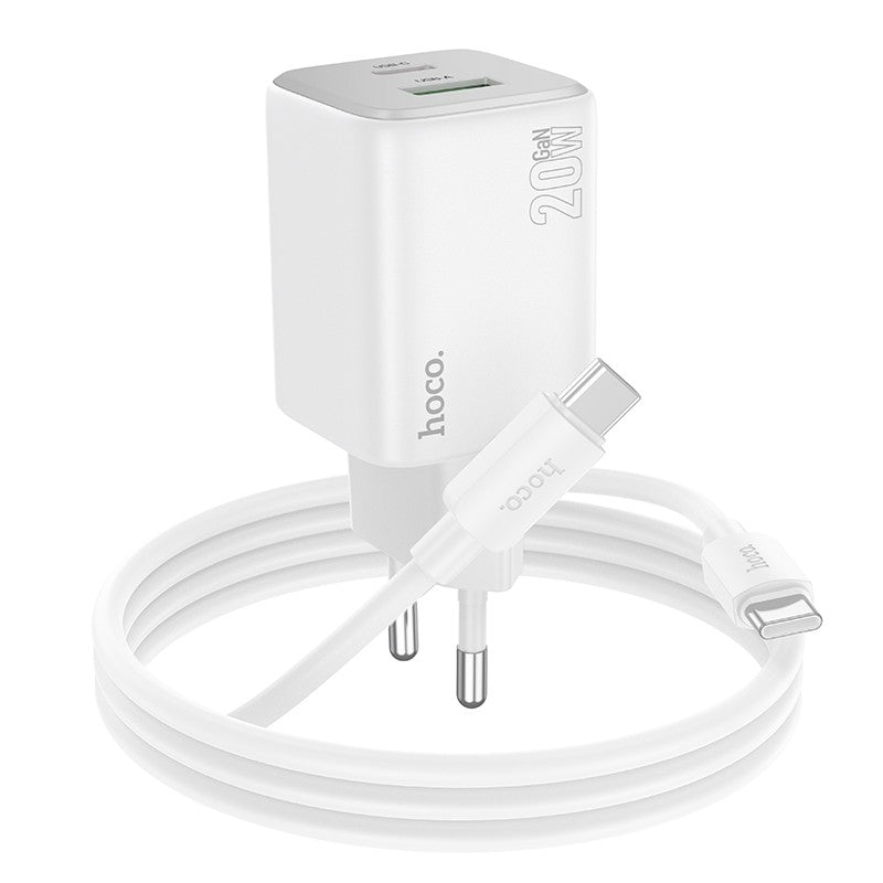 Įkroviklis Hoco N41 USB-A/USB-C PD20W+QC3.0 + USB-C to USB-C cable 1.0m baltas