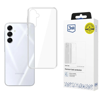 Permatomas telefono dėklas šalia sidabrinio telefono ir 3mk pakuotės baltame fone.
