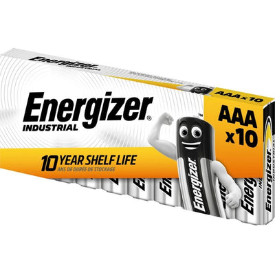 Baterijų pakuotė „Energizer Industrial“ AAA x10, geltona ir balta su animuotu veikėju.