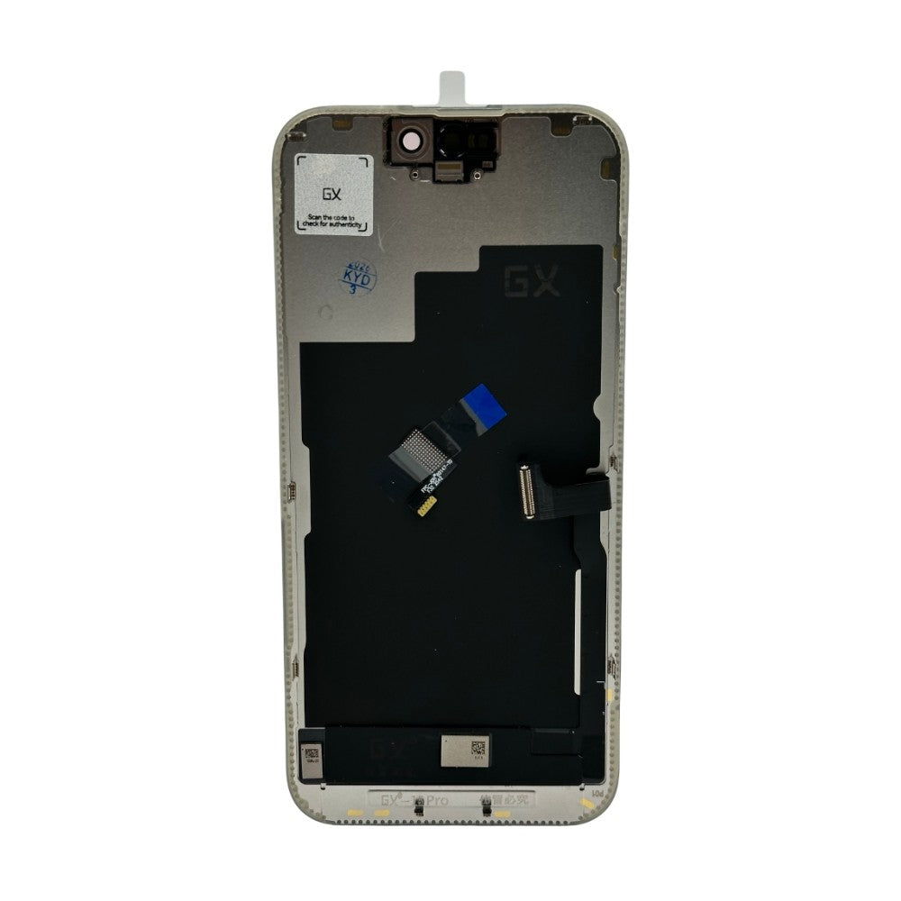 Išardytas telefono ekranas su juodomis ir sidabrinėmis detalėmis, matomos jungtys.