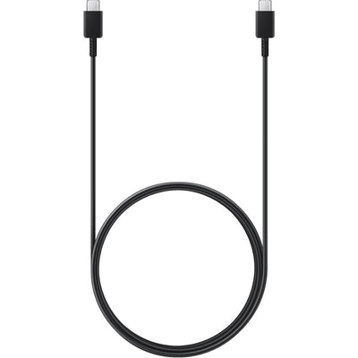 Juodas USB-C laidas su abiem kištukais, išdėstytas U forma, balta fone.