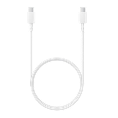 Baltas USB-C laidas su abiem galais, laidas suformuoja žiedą paveikslėlio centre.