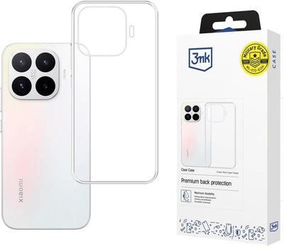 Skaidrus telefono dėklas su keturių kamerų išpjova, šalia pakuotės su logotipu ir tekstu.