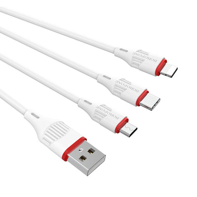 USB kabelis Borofone BX17 3in1 microUSB-Lightning-Type-C baltas