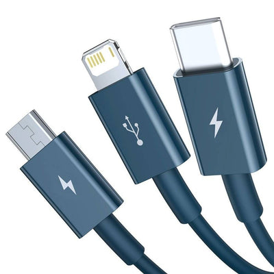 USB kabelis Baseus Superior iš USB į microUSB+Lightning+Type-C 100W 1.5m mėlynas CAMLTYS-03