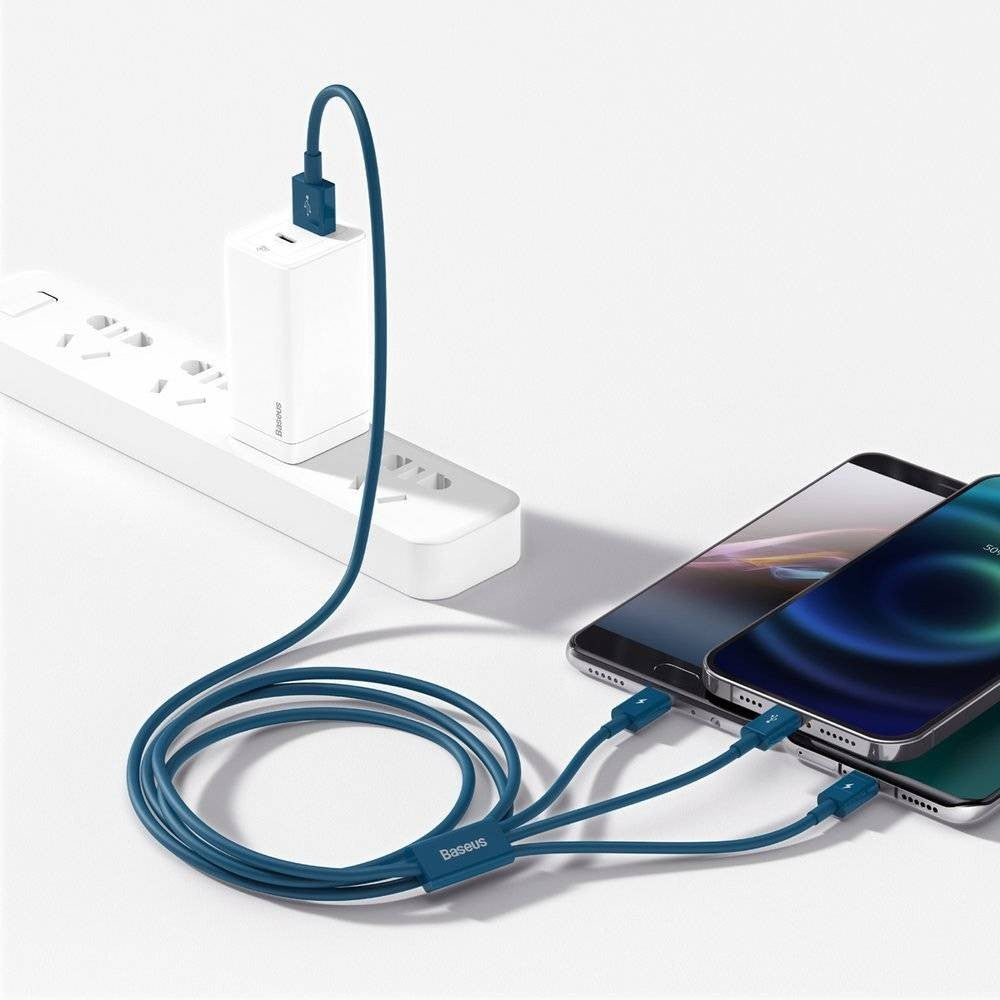 USB kabelis Baseus Superior iš USB į microUSB+Lightning+Type-C 100W 1.5m mėlynas CAMLTYS-03
