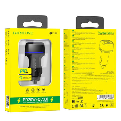 Automobilinis įkroviklis Borofone BZ14A PD20W+QC3.0 su 2 USB jungtimis (Type-C to Lightning) juodas
