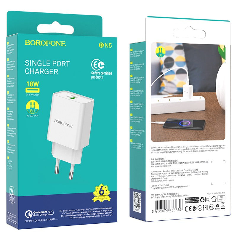 Įkroviklis Borofone BN5 QC 3.0 18W, baltas
