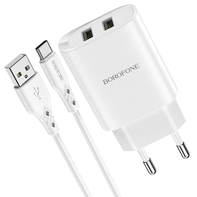 Įkroviklis Borofone BN2 2xUSB 2.1A + USB Type-C, baltas