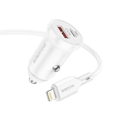 Automobilinis įkroviklis Borofone BZ18A USB-A/Type-C PD20W+QC3.0 + Lightning baltas