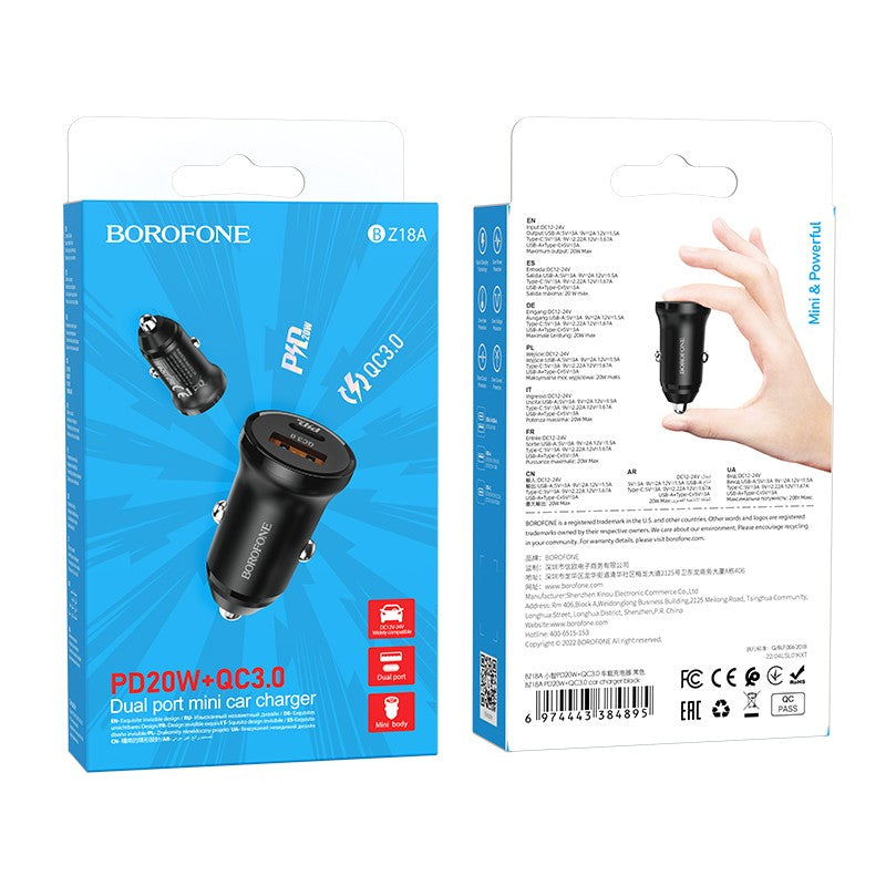 Automobilinis įkroviklis Borofone BZ18A USB-A/Type-C PD20W+QC3.0 juodas