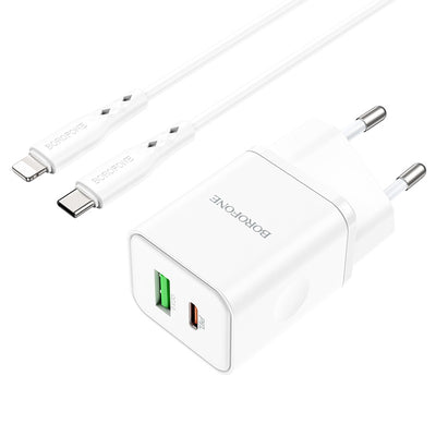 Įkroviklis Borofone BN7 Type-C 20W/USB-A 18W PD20W+QC3.0 + Lightning baltas
