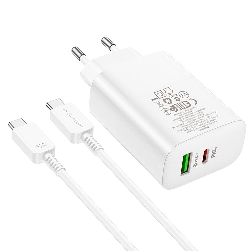 Įkroviklis Borofone BN10 Type-C 65W/USB-A 22.5W + Type-C baltas