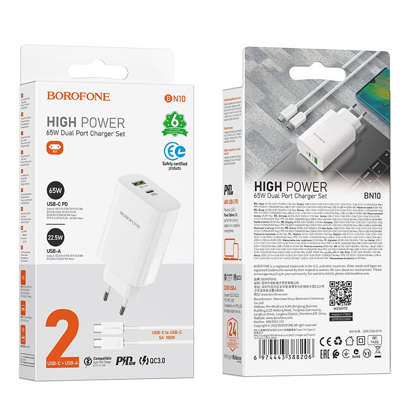 Įkroviklis Borofone BN10 Type-C 65W/USB-A 22.5W + Type-C baltas
