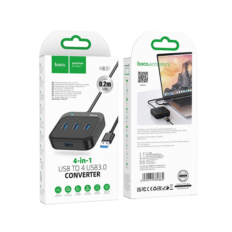 USB šakotuvas Hoco HB31 Easy 4-in-1 converter USB to 4xUSB3.0 0.2m juodas
