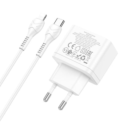 Įkroviklis Hoco N29 PD35W su dviem Type-C jungtimis + Lightning baltas
