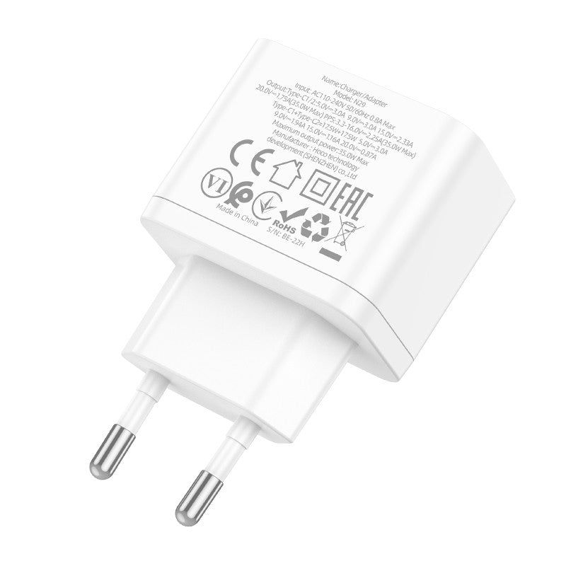 Įkroviklis Hoco N29 PD35W su dviem Type-C jungtimis baltas
