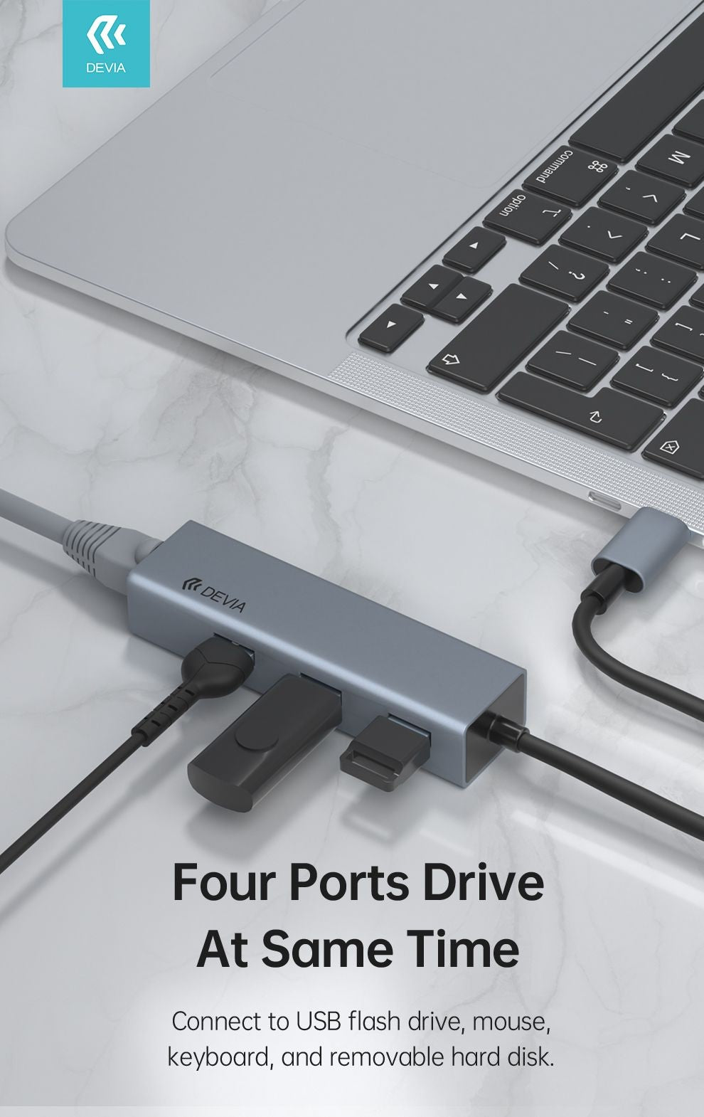 USB šakotuvas Devia Leopard iš Type-C į USB 3.1 + USB3.0*4 pilkas