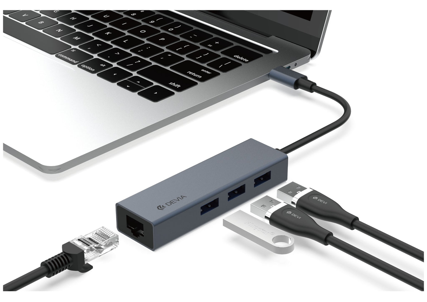 USB šakotuvas Devia Leopard iš Type-C į USB 3.1 + USB3.0*4 pilkas