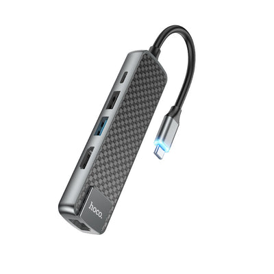 Adapteris Hoco HB23 Easy View Type-C to HDMI+USB3.0+USB2.0+RJ45+PD pilkas