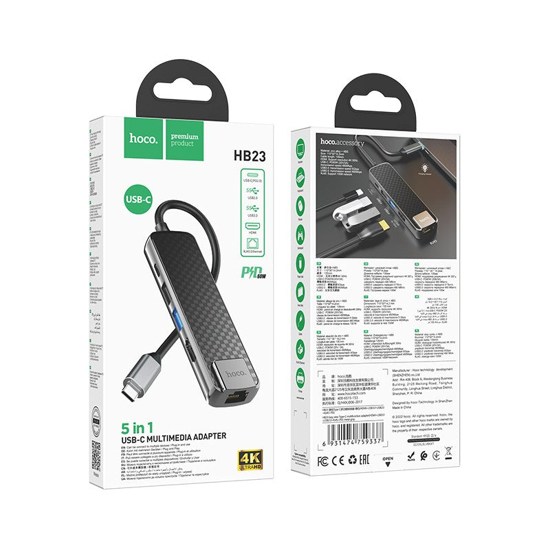 Adapteris Hoco HB23 Easy View Type-C to HDMI+USB3.0+USB2.0+RJ45+PD pilkas