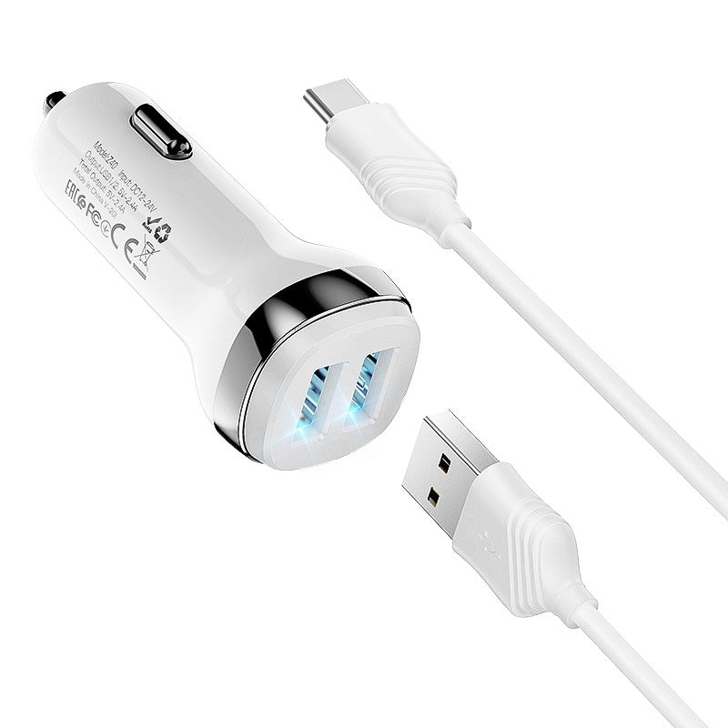Automobilinis įkroviklis Hoco Z40 Superior Dual Port + Type-C baltas