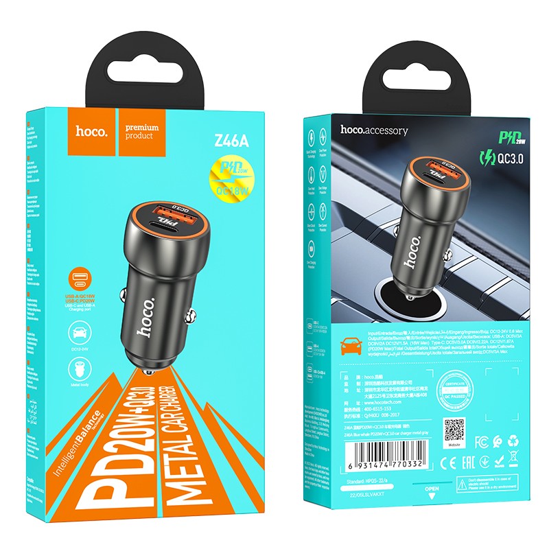 Automobilinis įkroviklis Hoco Z46A USB-A/Type-C PD20W+QC3.0 pilkas