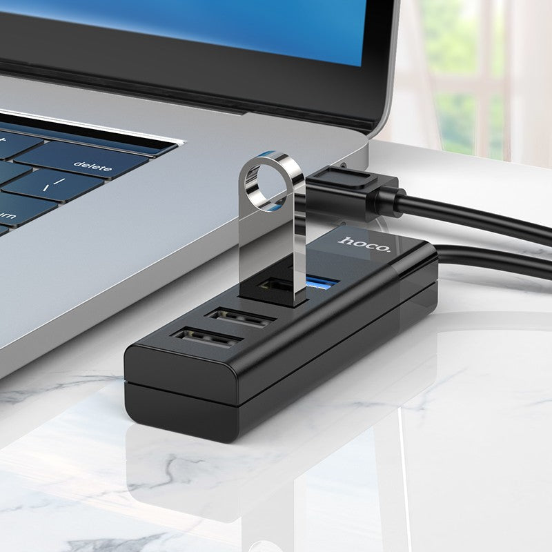 USB šakotuvas Hoco HB25 Easy mix 4-in-1 converter USB-A to 1xUSB3.0+3xUSB2.0 juodas