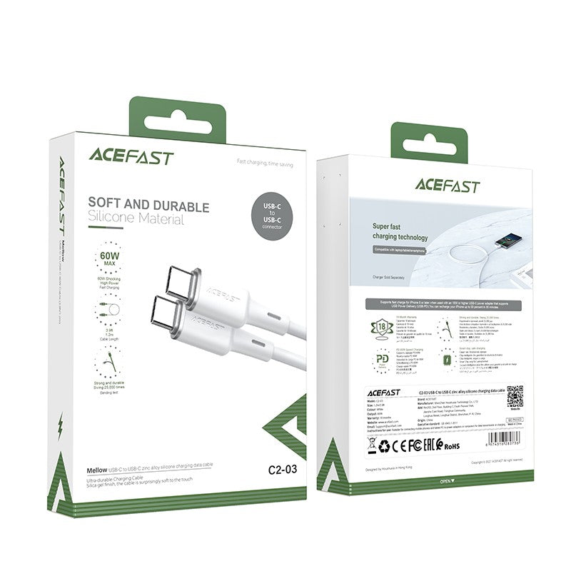 USB kabelis Acefast C2-03 60W USB-C to USB-C 1.2m baltas