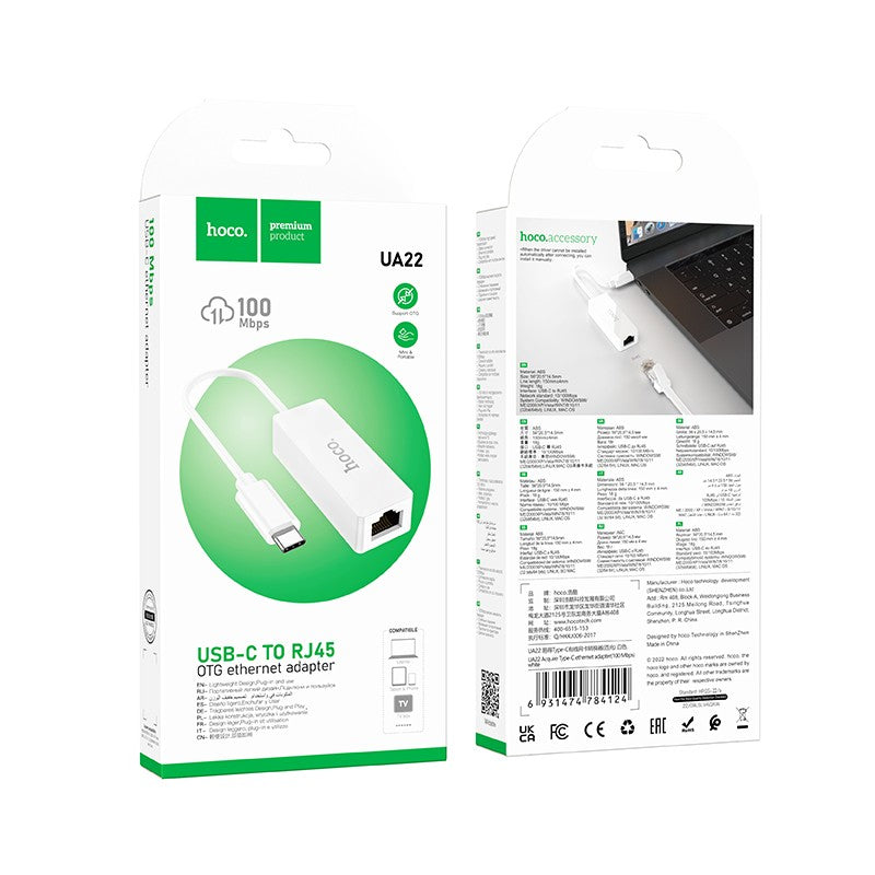 Adapteris Hoco UA22 Type-C to RJ45 100 Mbps baltas