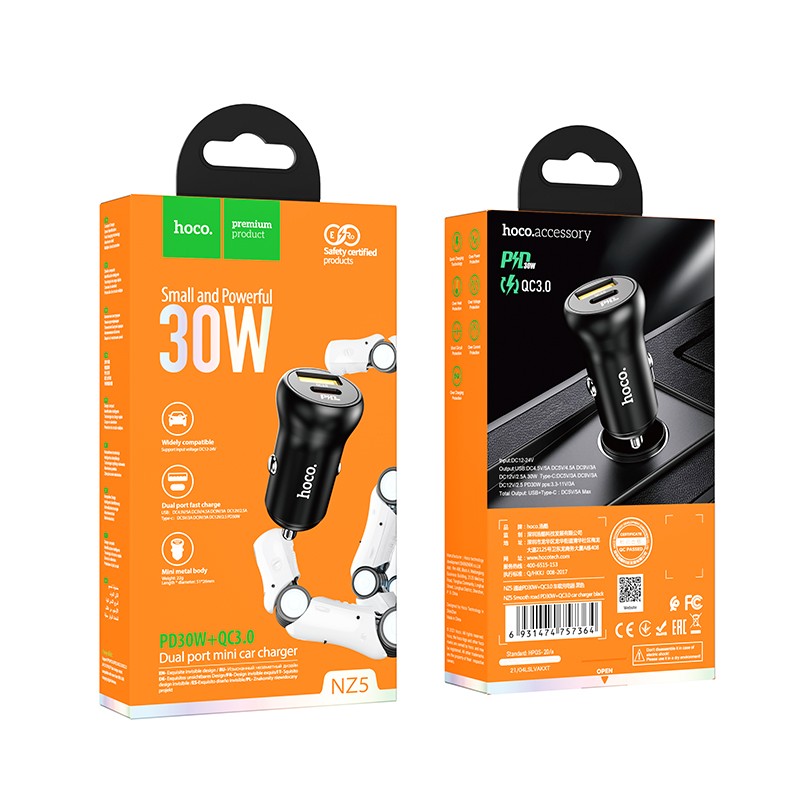 Automobilinis įkroviklis Hoco NZ5 PD30W+QC3.0 Type-C/USB-A juodas