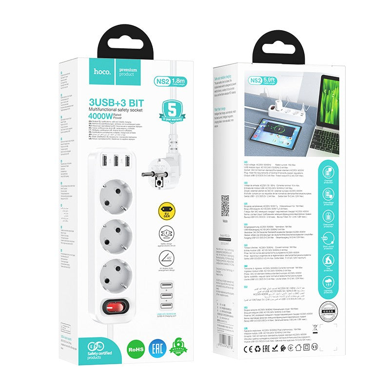Ilgiklis Hoco NS2 Aura 3 lizdų + 3xUSB-A 1.8m baltas