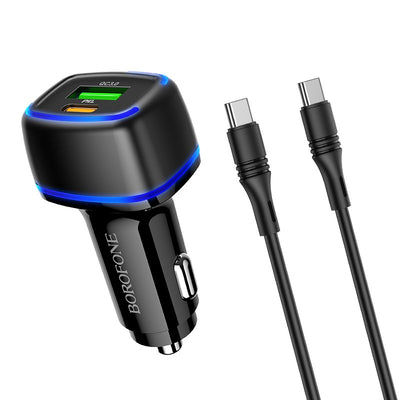 Automobilinis įkroviklis Borofone BZ14A PD20W+QC3.0 su 2 USB jungtimis (Type-C to Type-C) juodas