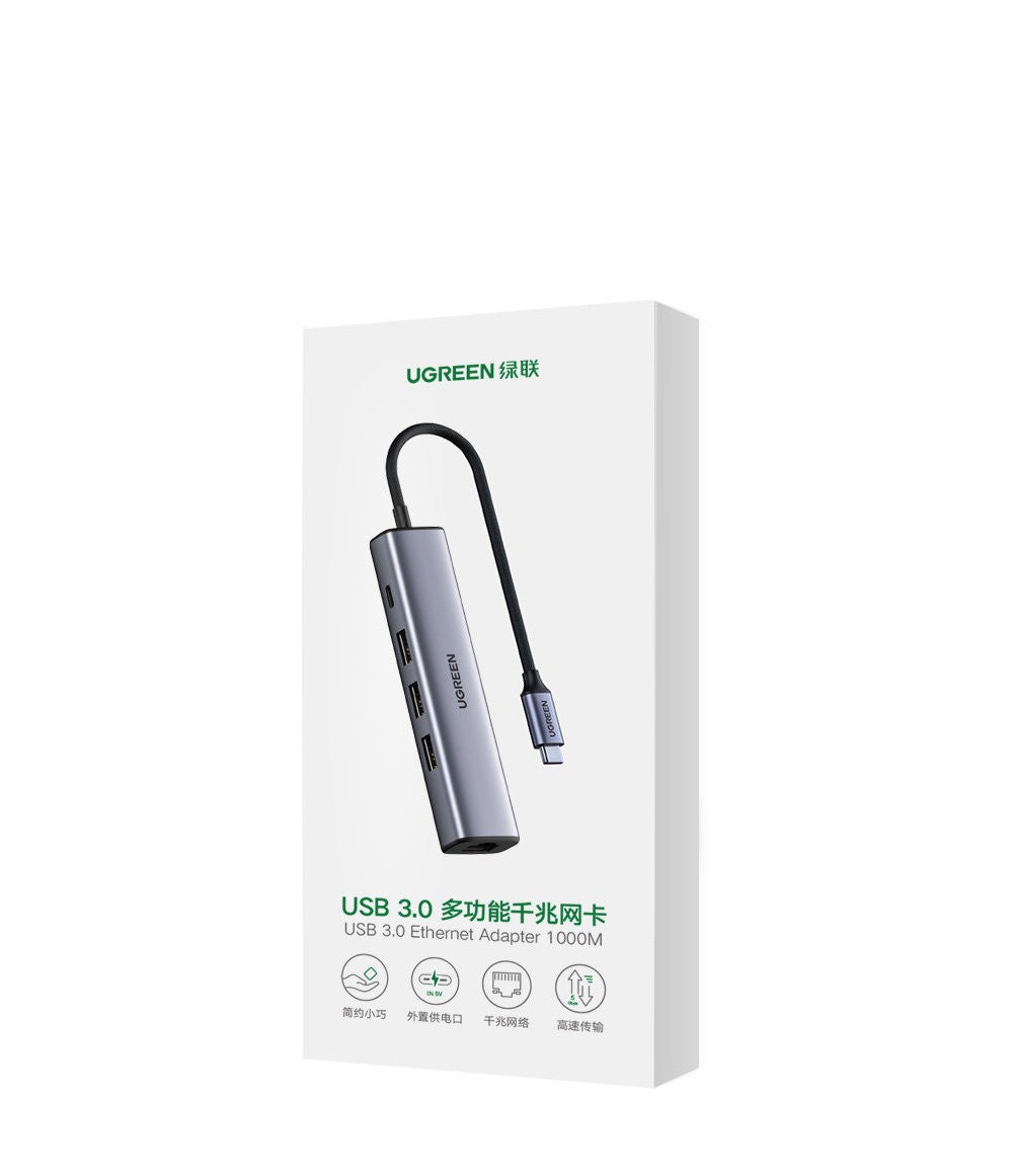 Adapteris Ugreen CM475 USB-C to USB-C + 3xUSB-A + RJ45 pilkas